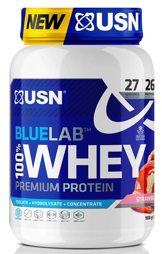 Poudre de protéines de lactosérum USN 100% Premium BlueLab 908g fraise